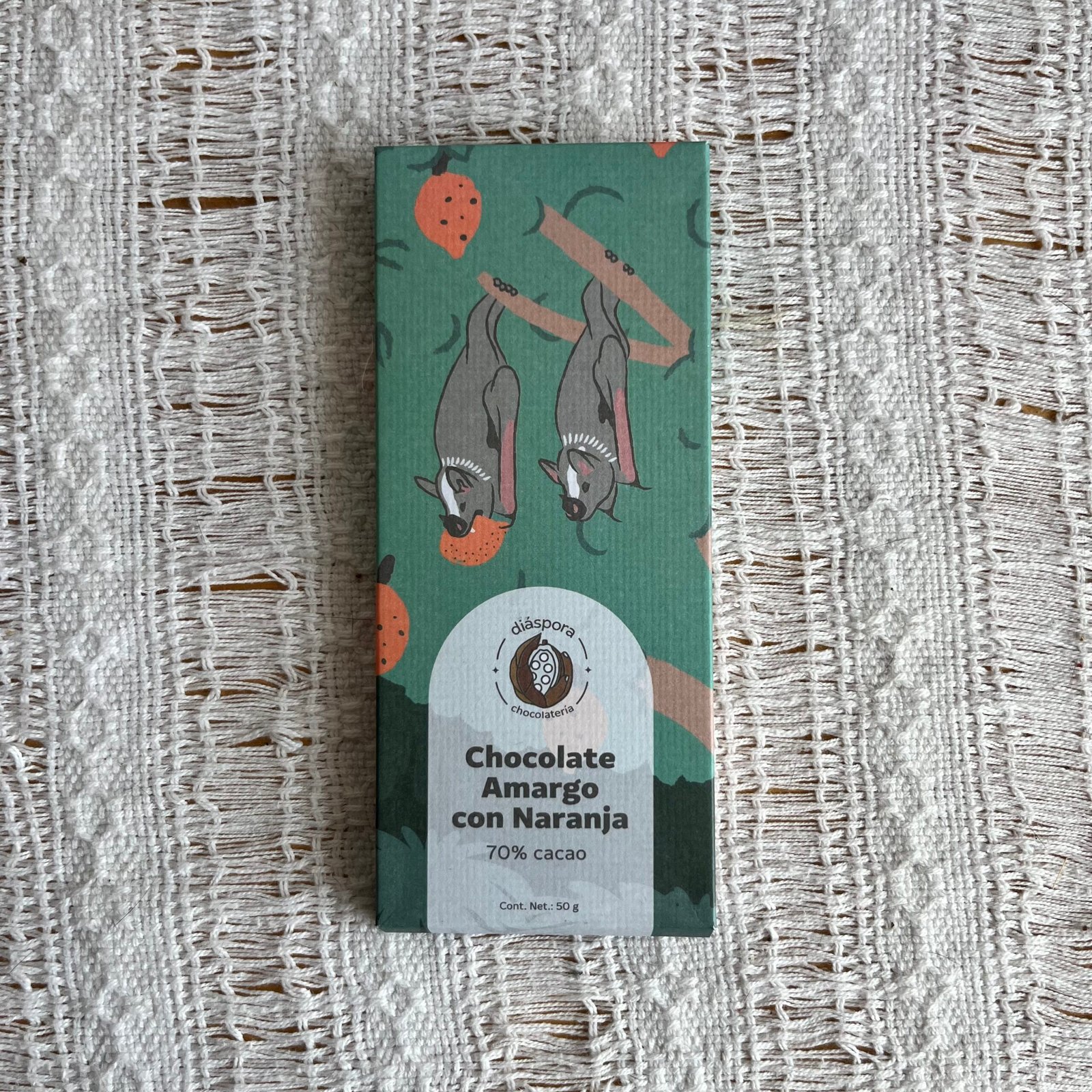 Barra de chocolate amargo con naranja Diáspora Chocolatería, 50 g